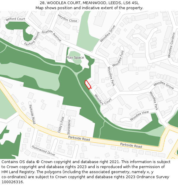 28, WOODLEA COURT, MEANWOOD, LEEDS, LS6 4SL: Location map and indicative extent of plot