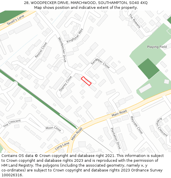 28, WOODPECKER DRIVE, MARCHWOOD, SOUTHAMPTON, SO40 4XQ: Location map and indicative extent of plot