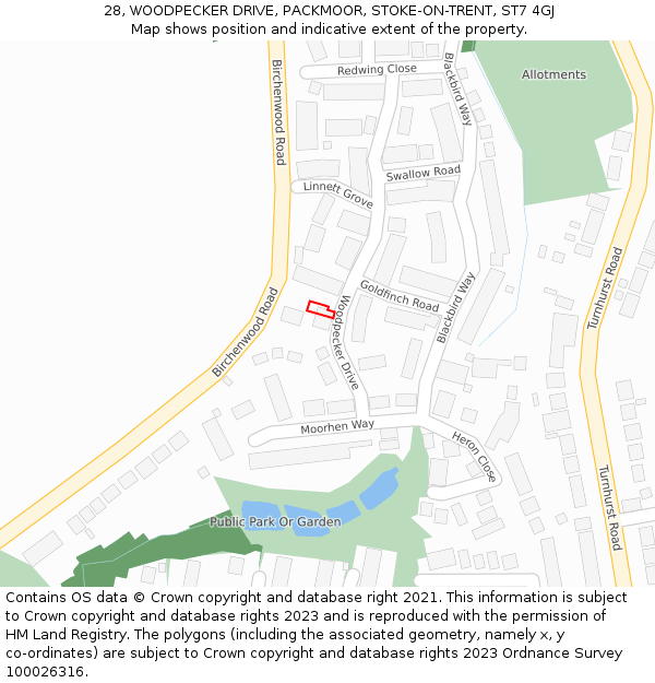 28, WOODPECKER DRIVE, PACKMOOR, STOKE-ON-TRENT, ST7 4GJ: Location map and indicative extent of plot