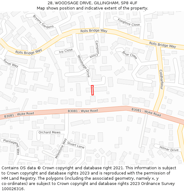 28, WOODSAGE DRIVE, GILLINGHAM, SP8 4UF: Location map and indicative extent of plot