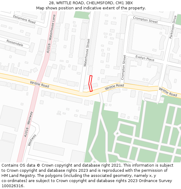 28, WRITTLE ROAD, CHELMSFORD, CM1 3BX: Location map and indicative extent of plot