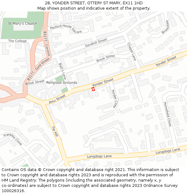 28, YONDER STREET, OTTERY ST MARY, EX11 1HD: Location map and indicative extent of plot