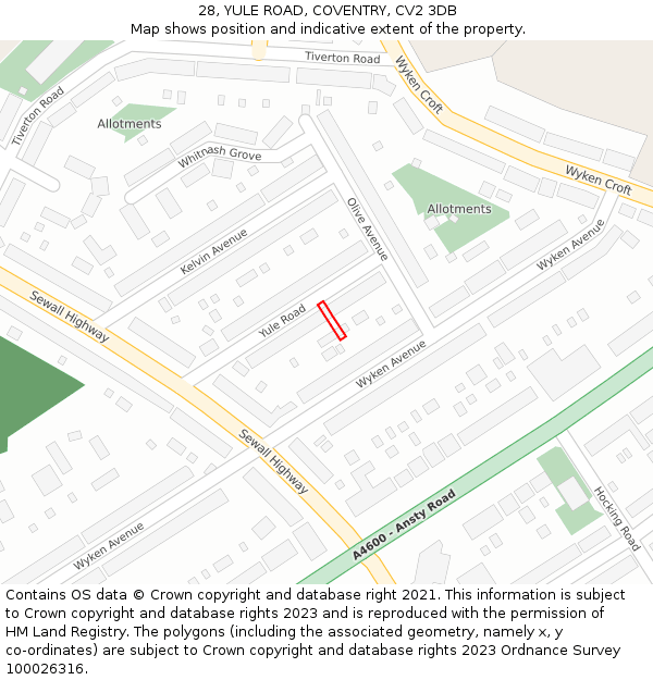 28, YULE ROAD, COVENTRY, CV2 3DB: Location map and indicative extent of plot