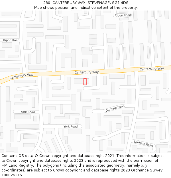 280, CANTERBURY WAY, STEVENAGE, SG1 4DS: Location map and indicative extent of plot