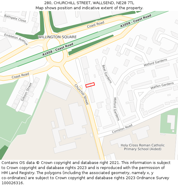 280, CHURCHILL STREET, WALLSEND, NE28 7TL: Location map and indicative extent of plot