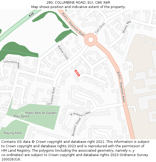 280, COLUMBINE ROAD, ELY, CB6 3WR: Location map and indicative extent of plot