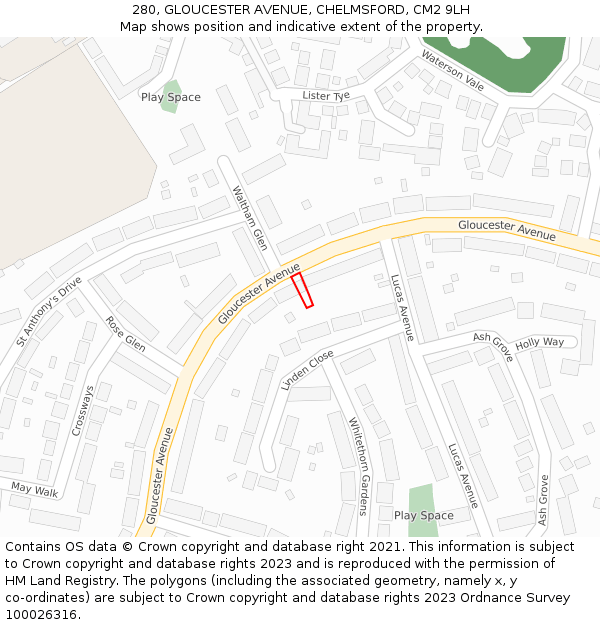280, GLOUCESTER AVENUE, CHELMSFORD, CM2 9LH: Location map and indicative extent of plot