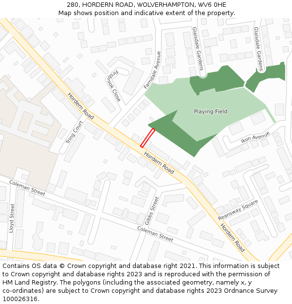280, HORDERN ROAD, WOLVERHAMPTON, WV6 0HE: Location map and indicative extent of plot