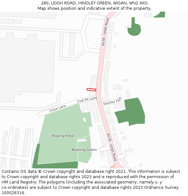 280, LEIGH ROAD, HINDLEY GREEN, WIGAN, WN2 4XG: Location map and indicative extent of plot