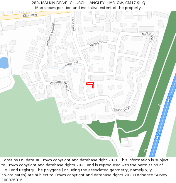 280, MALKIN DRIVE, CHURCH LANGLEY, HARLOW, CM17 9HQ: Location map and indicative extent of plot