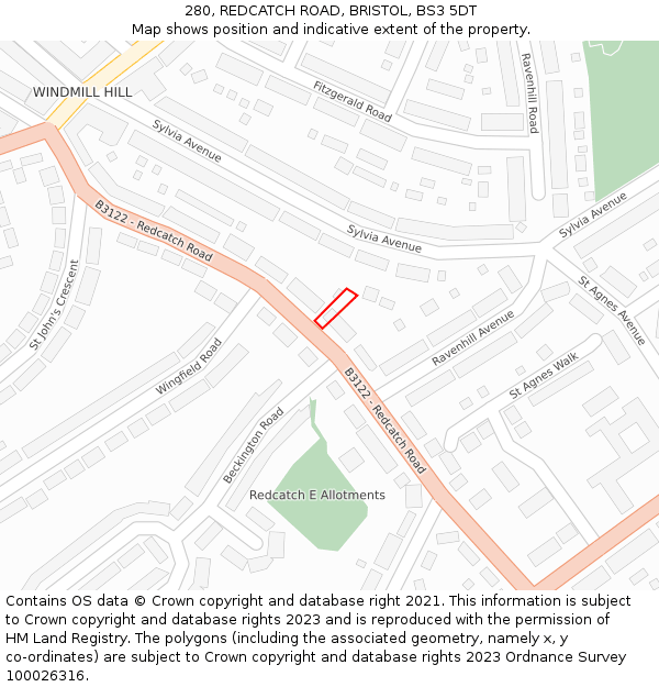 280, REDCATCH ROAD, BRISTOL, BS3 5DT: Location map and indicative extent of plot