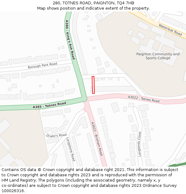 280, TOTNES ROAD, PAIGNTON, TQ4 7HB: Location map and indicative extent of plot
