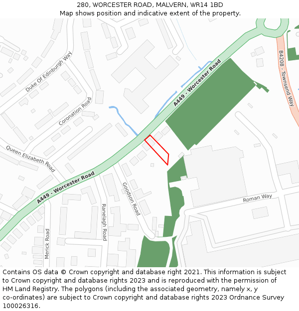 280, WORCESTER ROAD, MALVERN, WR14 1BD: Location map and indicative extent of plot