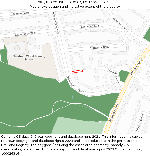 281, BEACONSFIELD ROAD, LONDON, SE9 4EF: Location map and indicative extent of plot