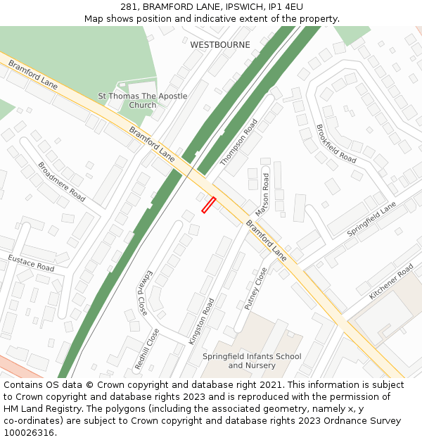 281, BRAMFORD LANE, IPSWICH, IP1 4EU: Location map and indicative extent of plot