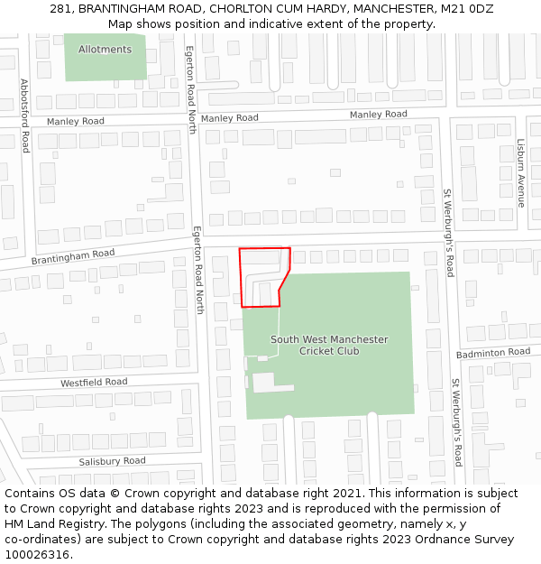 281, BRANTINGHAM ROAD, CHORLTON CUM HARDY, MANCHESTER, M21 0DZ: Location map and indicative extent of plot