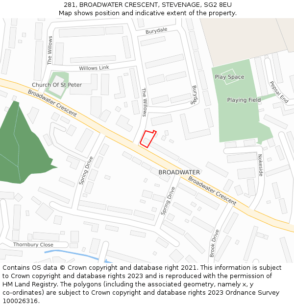 281, BROADWATER CRESCENT, STEVENAGE, SG2 8EU: Location map and indicative extent of plot