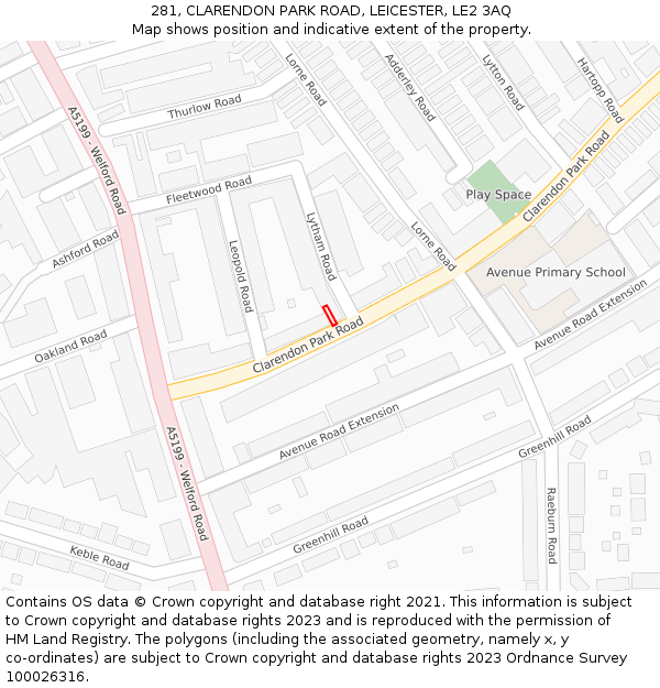 281, CLARENDON PARK ROAD, LEICESTER, LE2 3AQ: Location map and indicative extent of plot