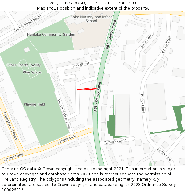 281, DERBY ROAD, CHESTERFIELD, S40 2EU: Location map and indicative extent of plot