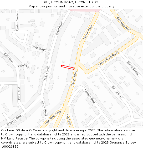 281, HITCHIN ROAD, LUTON, LU2 7SL: Location map and indicative extent of plot