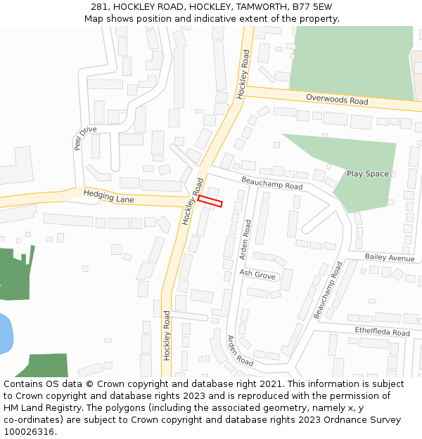 281, HOCKLEY ROAD, HOCKLEY, TAMWORTH, B77 5EW: Location map and indicative extent of plot