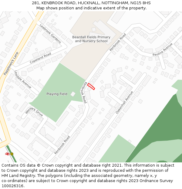 281, KENBROOK ROAD, HUCKNALL, NOTTINGHAM, NG15 8HS: Location map and indicative extent of plot