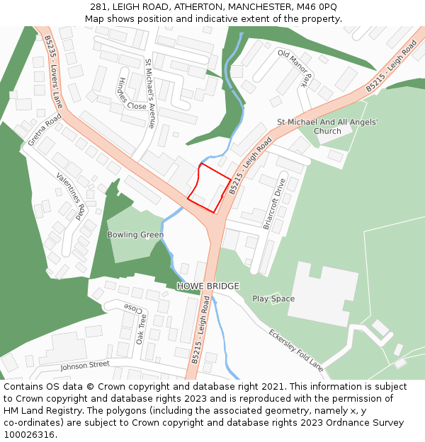 281, LEIGH ROAD, ATHERTON, MANCHESTER, M46 0PQ: Location map and indicative extent of plot