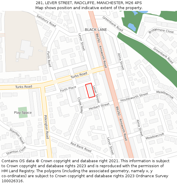 281, LEVER STREET, RADCLIFFE, MANCHESTER, M26 4PS: Location map and indicative extent of plot