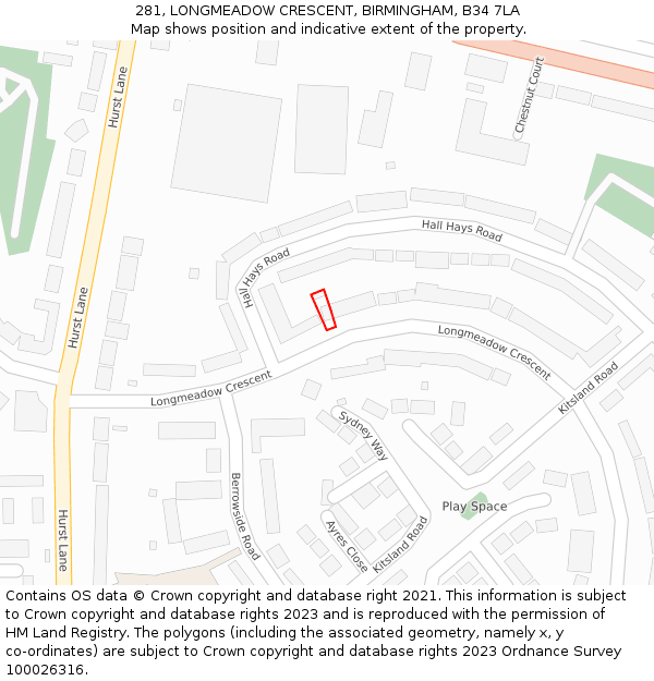 281, LONGMEADOW CRESCENT, BIRMINGHAM, B34 7LA: Location map and indicative extent of plot