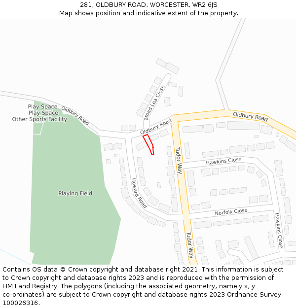 281, OLDBURY ROAD, WORCESTER, WR2 6JS: Location map and indicative extent of plot