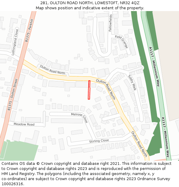 281, OULTON ROAD NORTH, LOWESTOFT, NR32 4QZ: Location map and indicative extent of plot