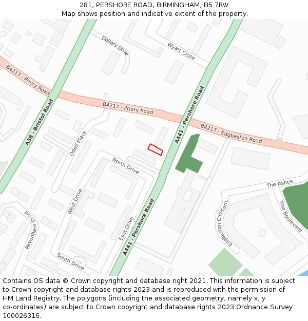 281, PERSHORE ROAD, BIRMINGHAM, B5 7RW: Location map and indicative extent of plot