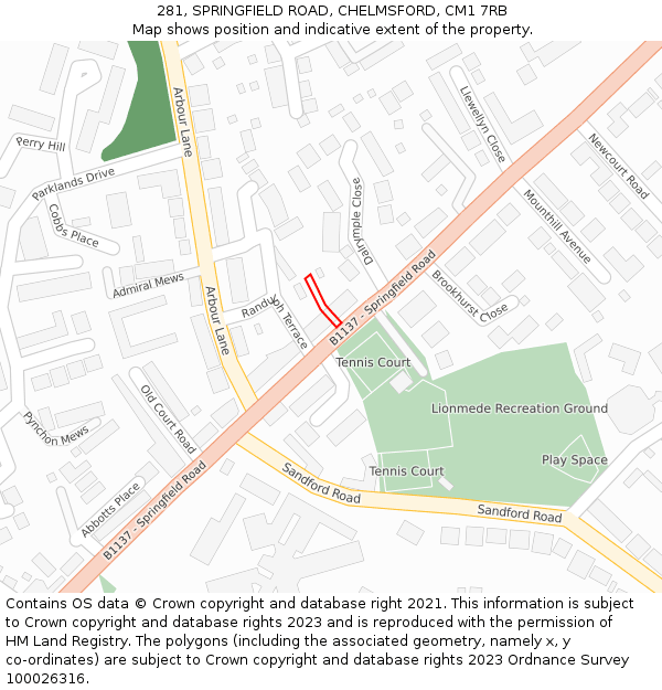 281, SPRINGFIELD ROAD, CHELMSFORD, CM1 7RB: Location map and indicative extent of plot