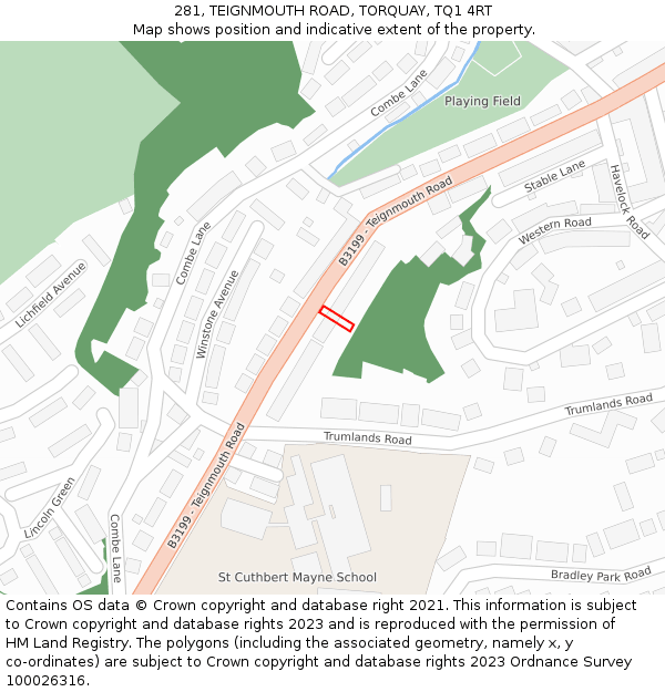 281, TEIGNMOUTH ROAD, TORQUAY, TQ1 4RT: Location map and indicative extent of plot
