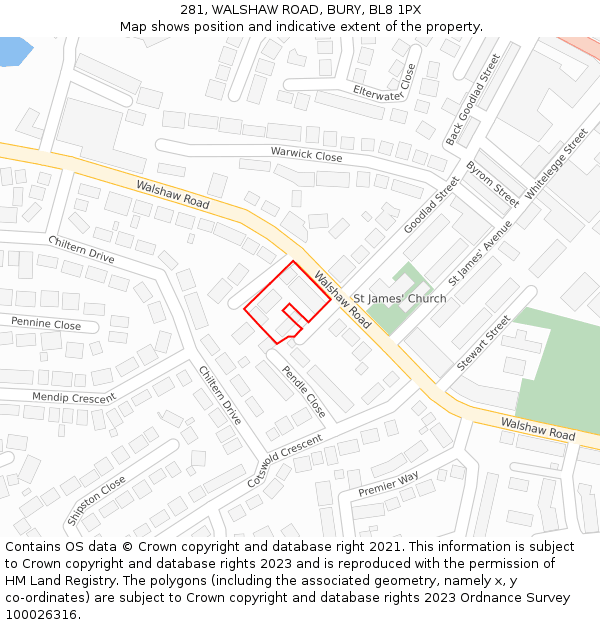 281, WALSHAW ROAD, BURY, BL8 1PX: Location map and indicative extent of plot