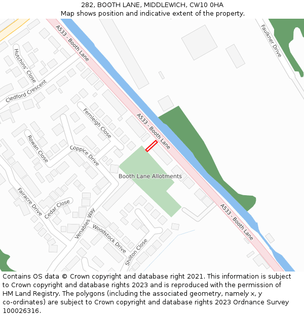 282, BOOTH LANE, MIDDLEWICH, CW10 0HA: Location map and indicative extent of plot