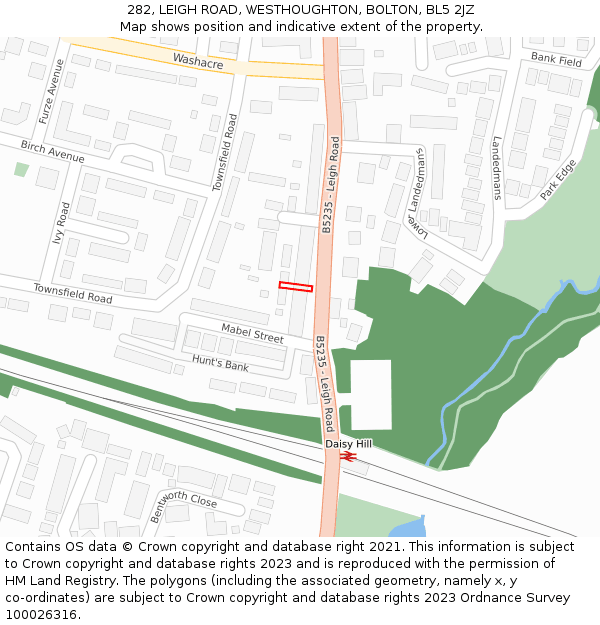 282, LEIGH ROAD, WESTHOUGHTON, BOLTON, BL5 2JZ: Location map and indicative extent of plot