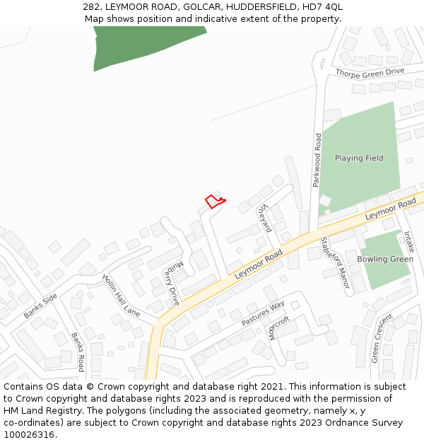 282, LEYMOOR ROAD, GOLCAR, HUDDERSFIELD, HD7 4QL: Location map and indicative extent of plot