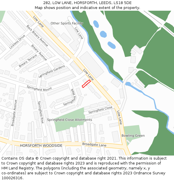 282, LOW LANE, HORSFORTH, LEEDS, LS18 5DE: Location map and indicative extent of plot