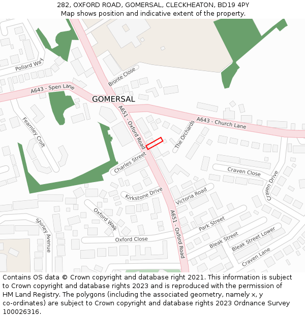 282, OXFORD ROAD, GOMERSAL, CLECKHEATON, BD19 4PY: Location map and indicative extent of plot