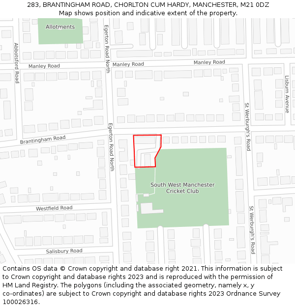 283, BRANTINGHAM ROAD, CHORLTON CUM HARDY, MANCHESTER, M21 0DZ: Location map and indicative extent of plot
