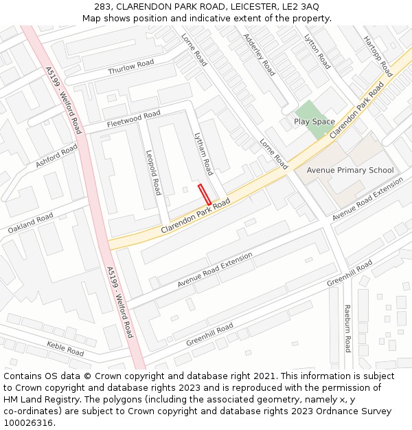 283, CLARENDON PARK ROAD, LEICESTER, LE2 3AQ: Location map and indicative extent of plot