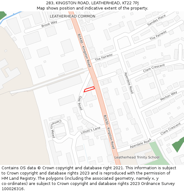 283, KINGSTON ROAD, LEATHERHEAD, KT22 7PJ: Location map and indicative extent of plot