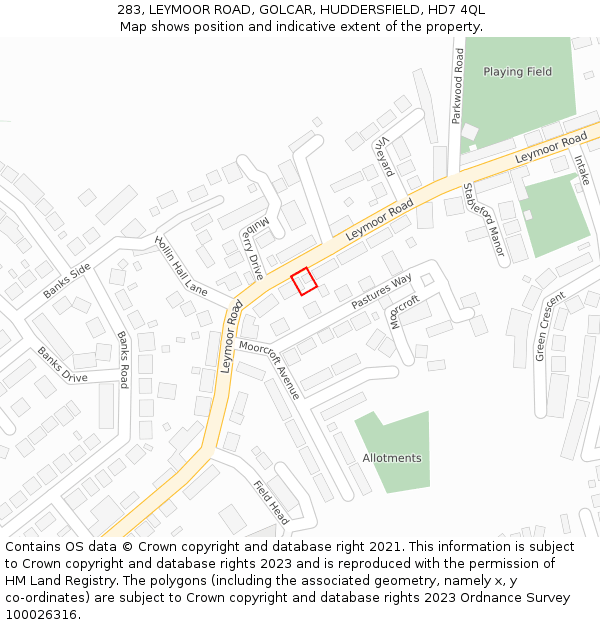 283, LEYMOOR ROAD, GOLCAR, HUDDERSFIELD, HD7 4QL: Location map and indicative extent of plot