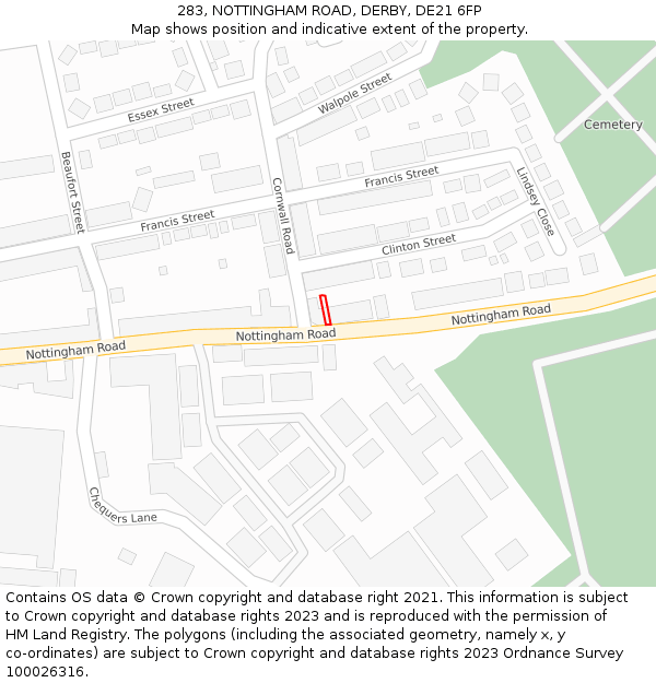 283, NOTTINGHAM ROAD, DERBY, DE21 6FP: Location map and indicative extent of plot