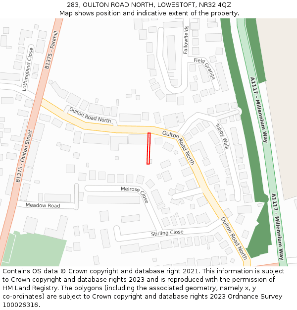 283, OULTON ROAD NORTH, LOWESTOFT, NR32 4QZ: Location map and indicative extent of plot