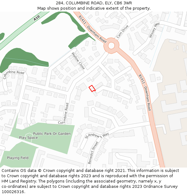 284, COLUMBINE ROAD, ELY, CB6 3WR: Location map and indicative extent of plot