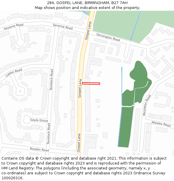 284, GOSPEL LANE, BIRMINGHAM, B27 7AH: Location map and indicative extent of plot