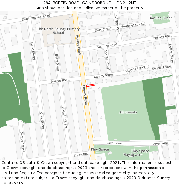 284, ROPERY ROAD, GAINSBOROUGH, DN21 2NT: Location map and indicative extent of plot