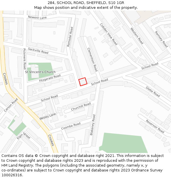 284, SCHOOL ROAD, SHEFFIELD, S10 1GR: Location map and indicative extent of plot